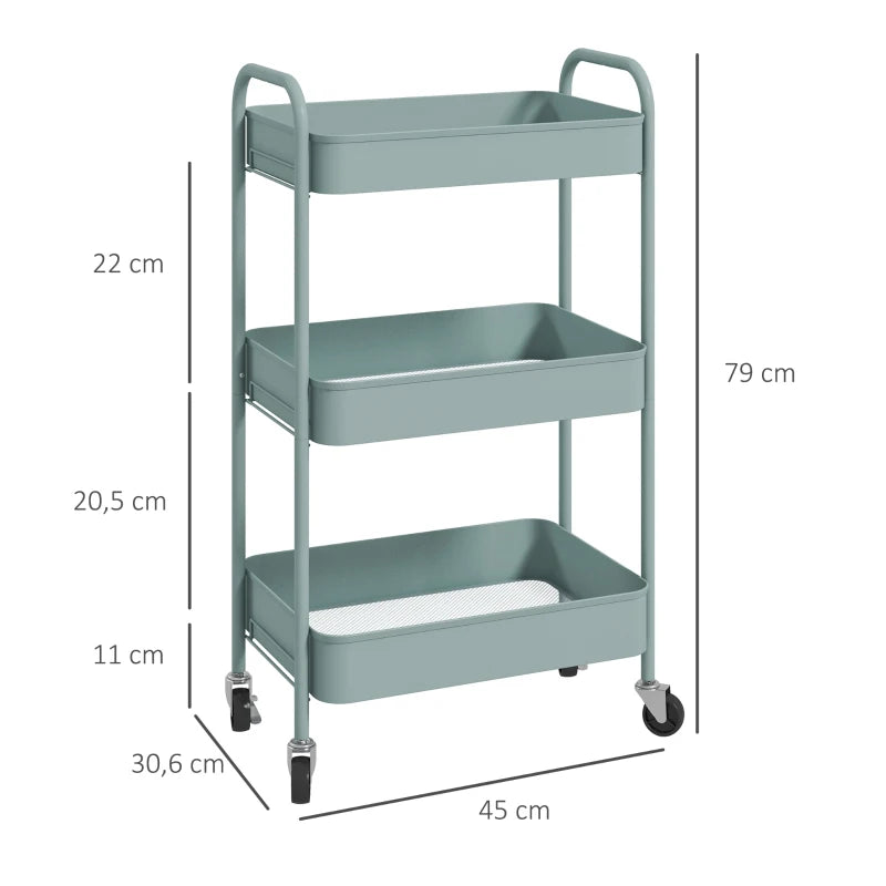 HOMCOM Carrinho Auxiliar de 3 Níveis com Rodas Carrinho de Armazenamento Deslizante para Cozinha Sala 45x30.6x79 cm Azul Claro