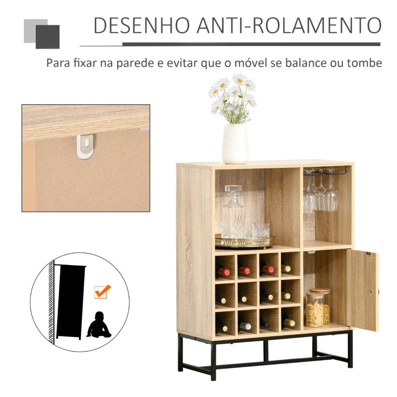 HOMCOM Aparador de Cozinha Armário com 1 Porta Prateleiras Abertas Suporte para 12 Garrafas e 6 Taças de Vinho para Sala de Jantar Bar Restaurante 76x35x97cm Madeira Natural