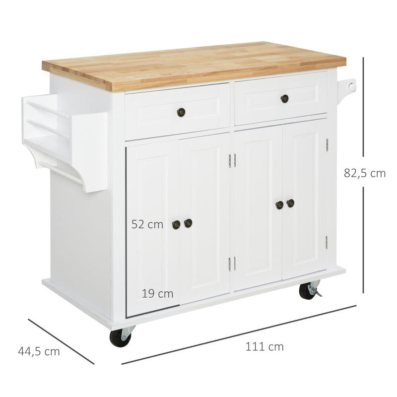 HOMCOM Ilha de Cozinha com Rodas 2 Gavetas 4 Portas Suporte para Temperos e Barra Lateral 111x44,5x82,5cm Branco e Madeira