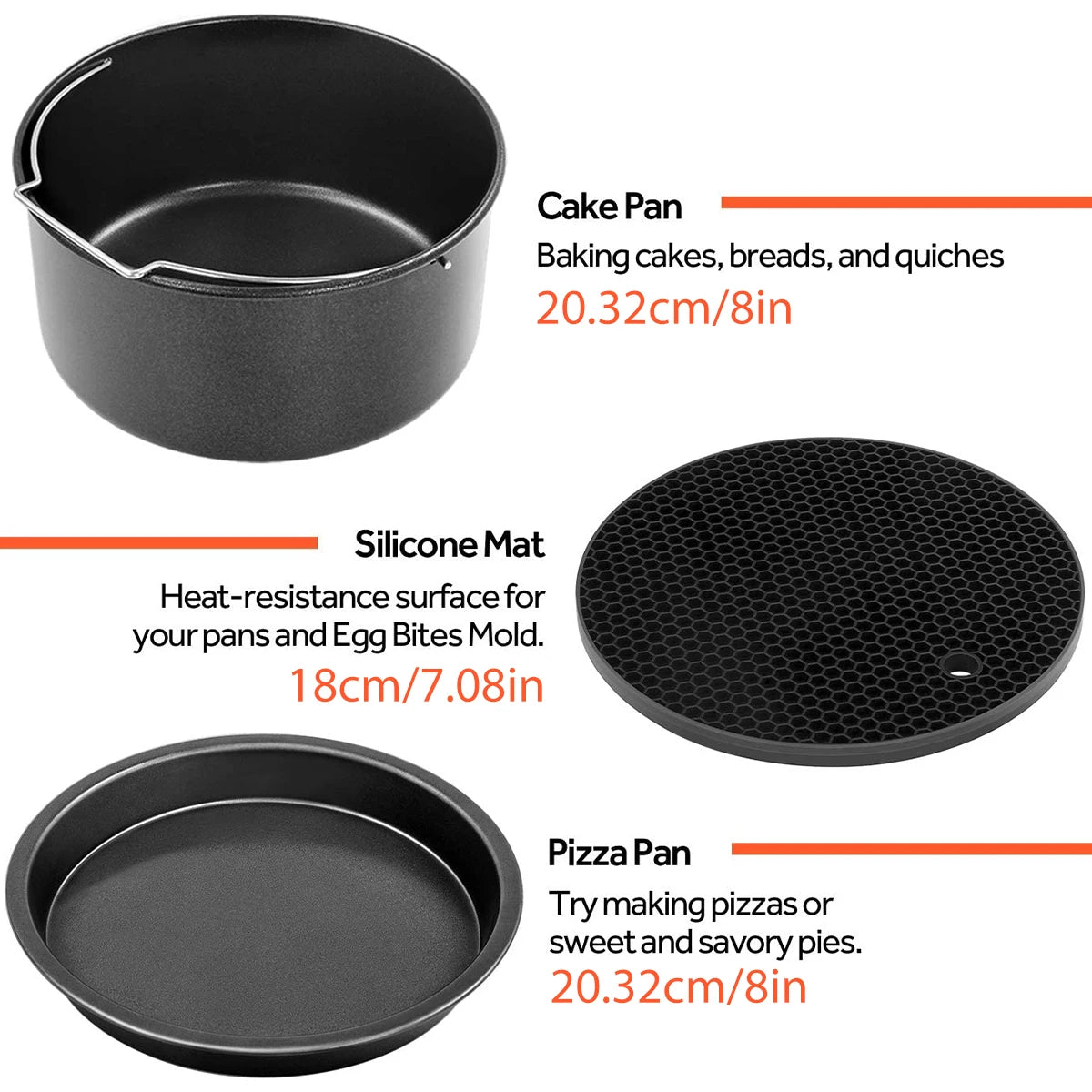 Air Fryer Acessórios Set de 6, Cozinhar e Assar Set, Pizza Pan, Bolo Pan, Double-Layer Rack, Espetos, cozinhar Rack