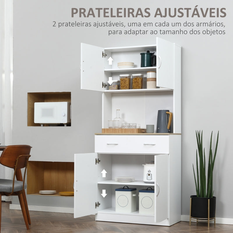 HOMCOM Armário de Cozinha com Gaveta 4 Portas e Prateleiras Interiores Ajustável em Altura Móvel Auxiliar de Armazenamento Moderno para Sala de Jantar Sala de Estar 80x40x180cm Branco