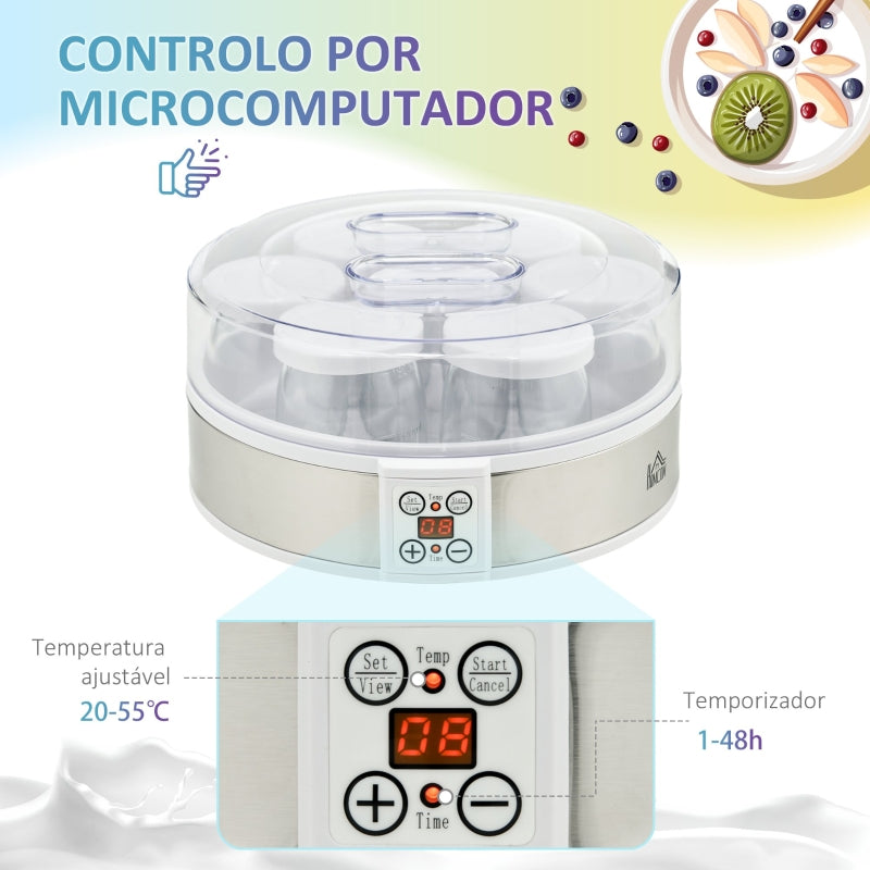 HOMCOM Iogurteira 20W Capacidade 1,26L com 7 Frascos de Cristal de 180 ml Termóstato Ajustável Temporizador de 1-48 horas 24x24x13 cm Branco