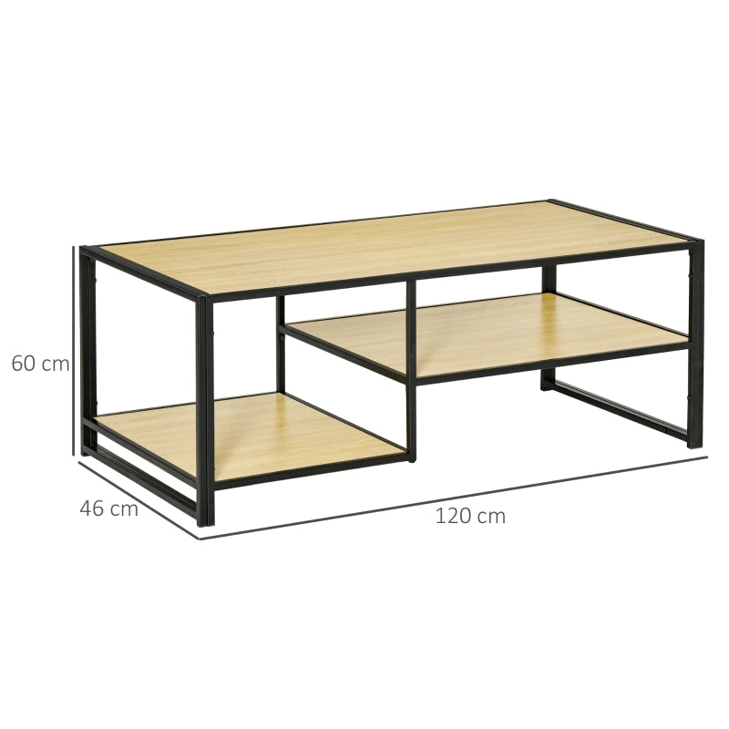 HOMCOM Mesa de Centro para Sala de Estar com 2 Prateleiras de Armazenamento Mesa Auxiliar com Estrutura de Aço para Dormitório Escritório 120x60x46cm Carvalho