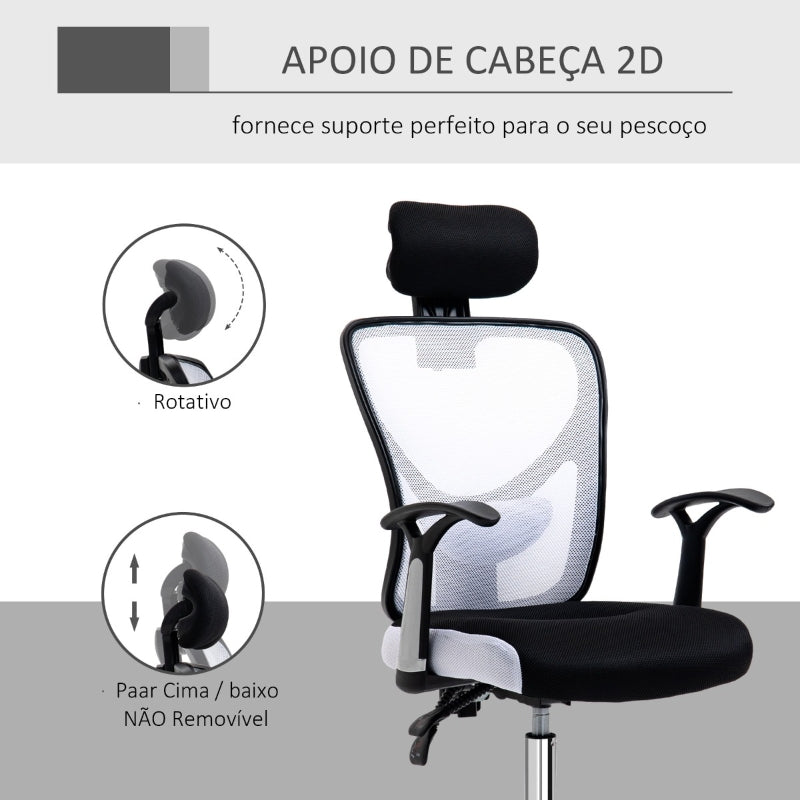 Vinsetto Cadeira de Escritório Ergonômica Cadeira de Escritório Giratória com Altura Ajustável Função Reclinável Apoio para a Cabeça e Suporte Lombar 65x67x108-118cm Branco