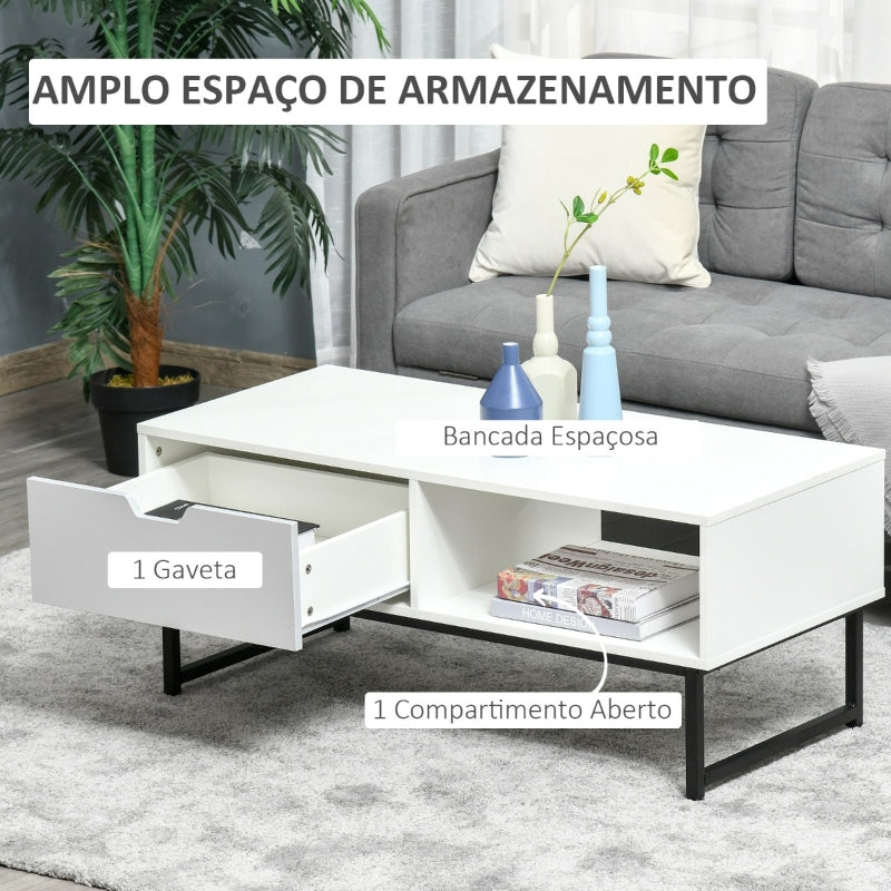 HOMCOM Mesa de Centro para Sala de Estar Mesa de Centro Moderna com Prateleira Aberta Gaveta e Pés Elevados Mesa Auxiliar para Sala de Estar Escritório 106x48x43cm Branco