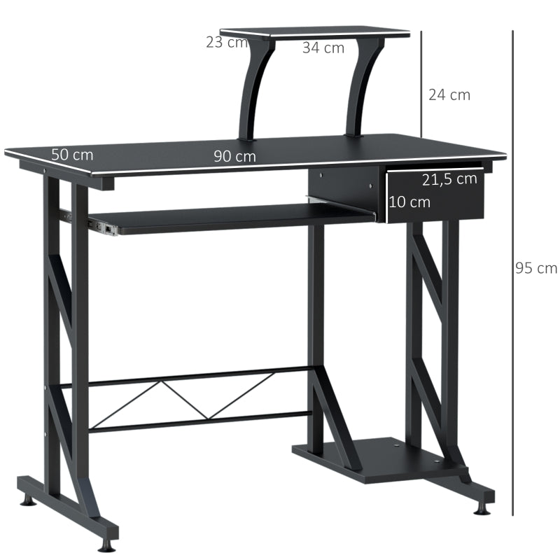 HOMCOM Mesa de Computador com 1 Gaveta Bandeja para Teclado e Suporte para CPU para Escritório Estúdio 90x50x95 cm Preto