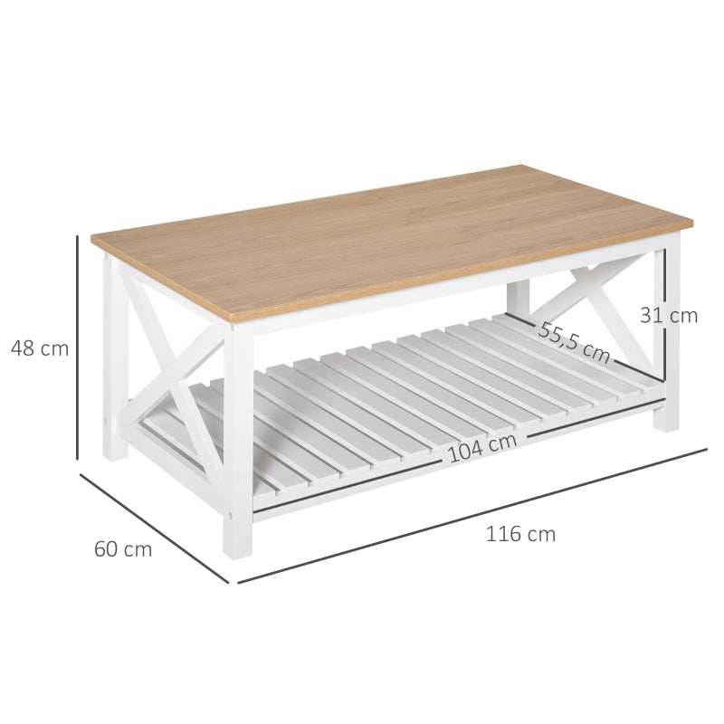 HOMCOM Mesa de Centro para Sala de Estar Mesa de Café com Prateleira de Armazenamento Inferior 116x60x48cm Madeira Natural e Branco