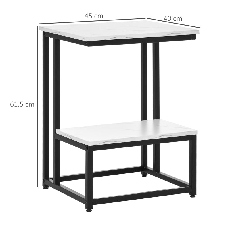 HOMCOM Mesa Auxiliar de 2 Níveis Mesa Lateral de Sofá em Forma de C com Superfície de Imitação de Mármore e Estrutura de Aço para Sala de Estar 45x40x61,5cm Branco e Preto