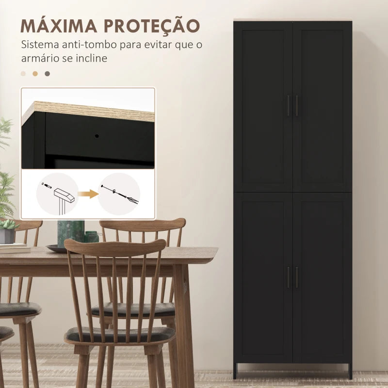 HOMCOM Armário de Cozinha com 4 Portas e Prateleiras Ajustáveis Anti-Tombo 60x30x170,5 cm Preto