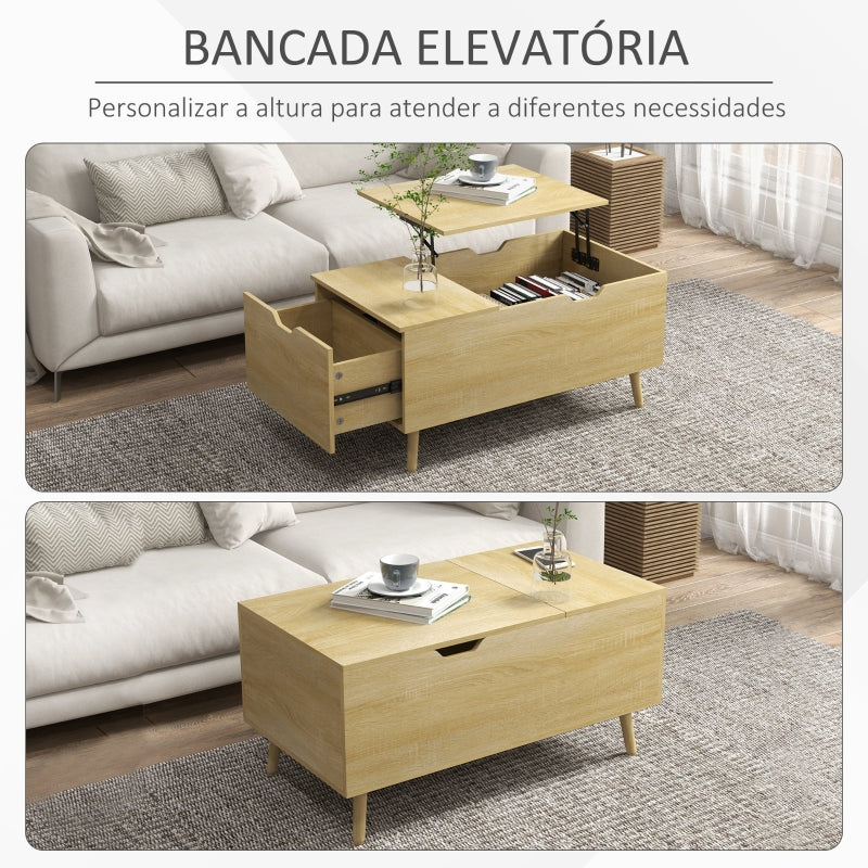 HOMCOM Mesa de Centro Elevável com Gaveta Compartimento Oculto e Pés de Madeira 98x54x48 cm Madeira