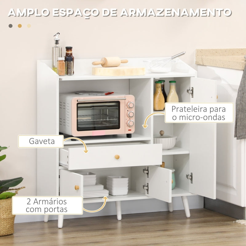 HOMCOM Armário de Cozinha para Micro-ondas Armário Baixa de Cozinha com 3 Portas Gaveta e Compartimentos 90x30x94 cm Branco