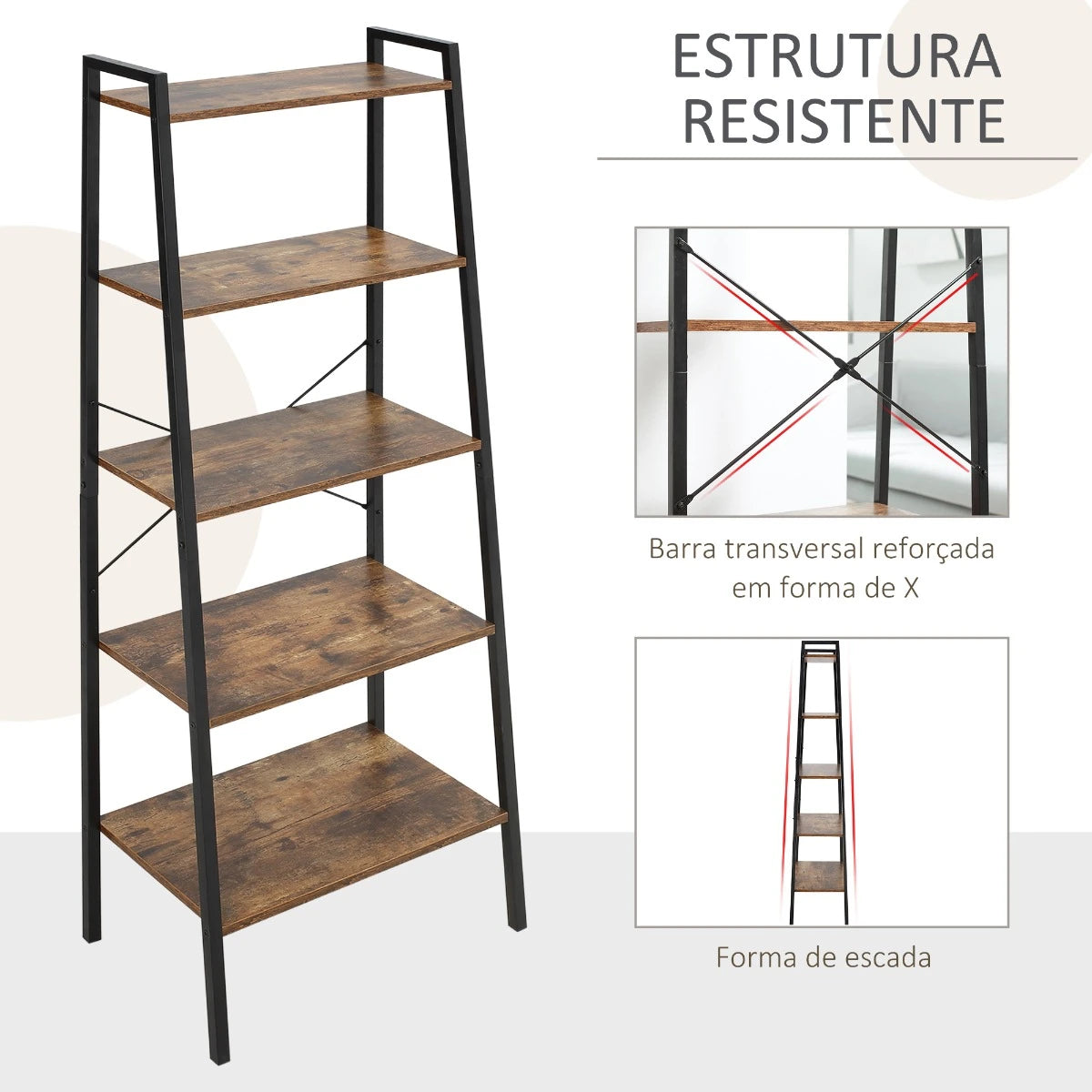 HOMCOM Estante de Estilo Industrial em Forma de Escada com 5 Prateleiras com Estrutura de Metal para Sala de Estar Dormitório Cozinha Escritório 56x34x160cm Marrom Rústico