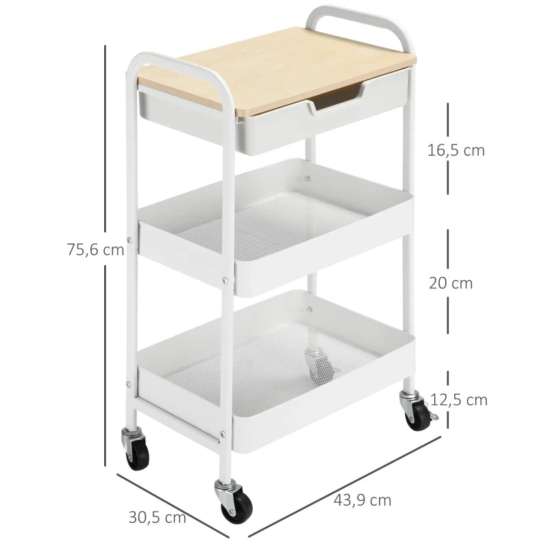 HOMCOM Carrinho de Cozinha com Rodas Carrinho de Armazenamento com Gaveta 2 Prateleiras e Rodas com Freios para Casa de Banho Sala de Estar Dormitório 43,9x30,5x75,6cm Branco e Madeira Natural