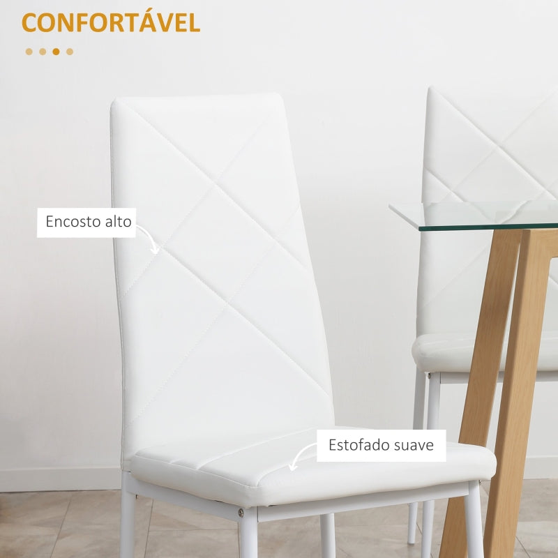 HOMCOM Conjunto de 4 Cadeiras de Sala de Jantar Estofadas em Couro Sintético com Encosto Alto e Pés de Aço 41x50x97cm Branco