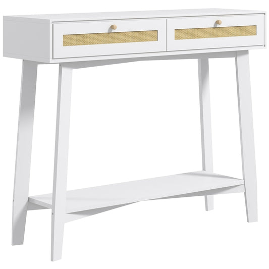 HOMCOM Mesa Consola para Entrada Mesa de Entrada com 2 Gavetas de Desenho de Vime para Sala Corredor 100x30x81 cm Branco