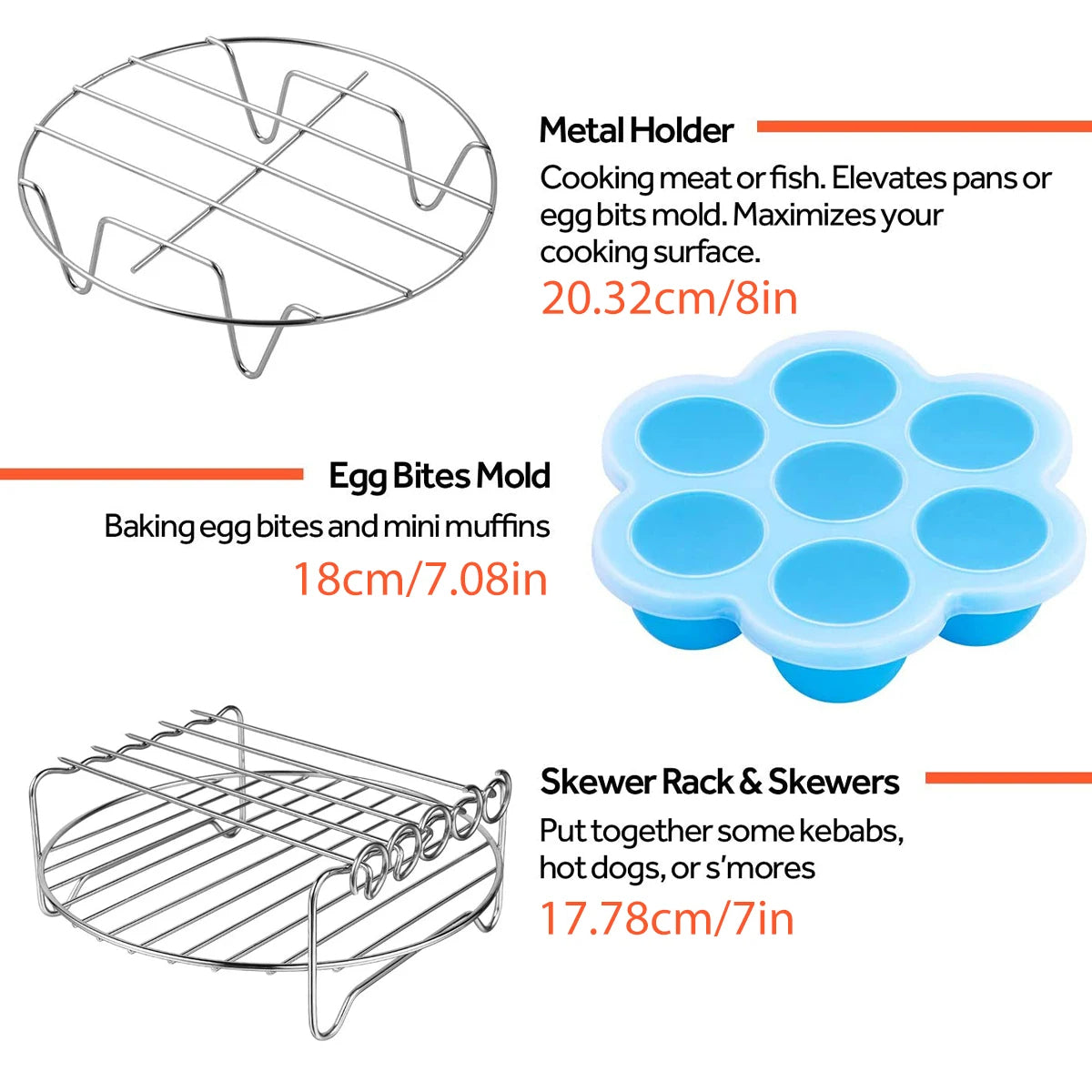 Air Fryer Acessórios Set de 6, Cozinhar e Assar Set, Pizza Pan, Bolo Pan, Double-Layer Rack, Espetos, cozinhar Rack