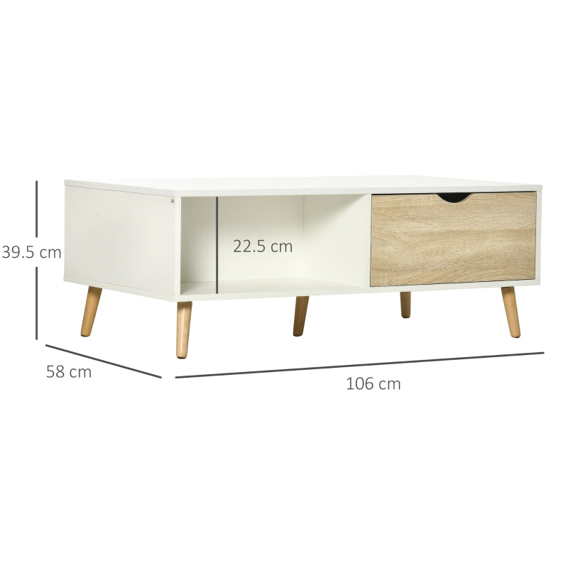 HOMCOM Mesa de Centro Retangular com 2 Gavetas e Compartimentos Abertos Estilo Nórdico 106x58x39,5cm Branco e Madeira