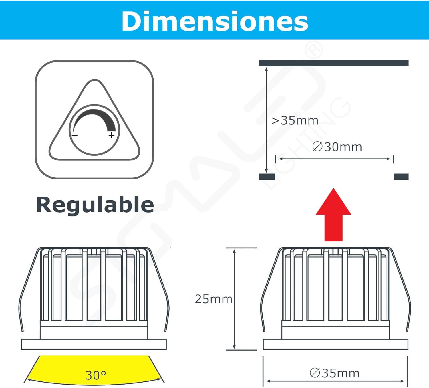 10 FOCOS MINI FOCO LED 3W, Dimmable, 300 lúmen, luz neutra 4000K, Spot de encastrar redondo, 220 V/240 V, Ø 35 x 25 mm