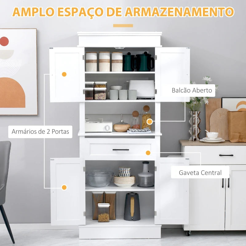 HomCom Armário de Cozinha com 4 Portas 1 Gaveta e Prateleira Aberta para Sala de Estar Sala de Jantar 74x39,5x183cm Branco