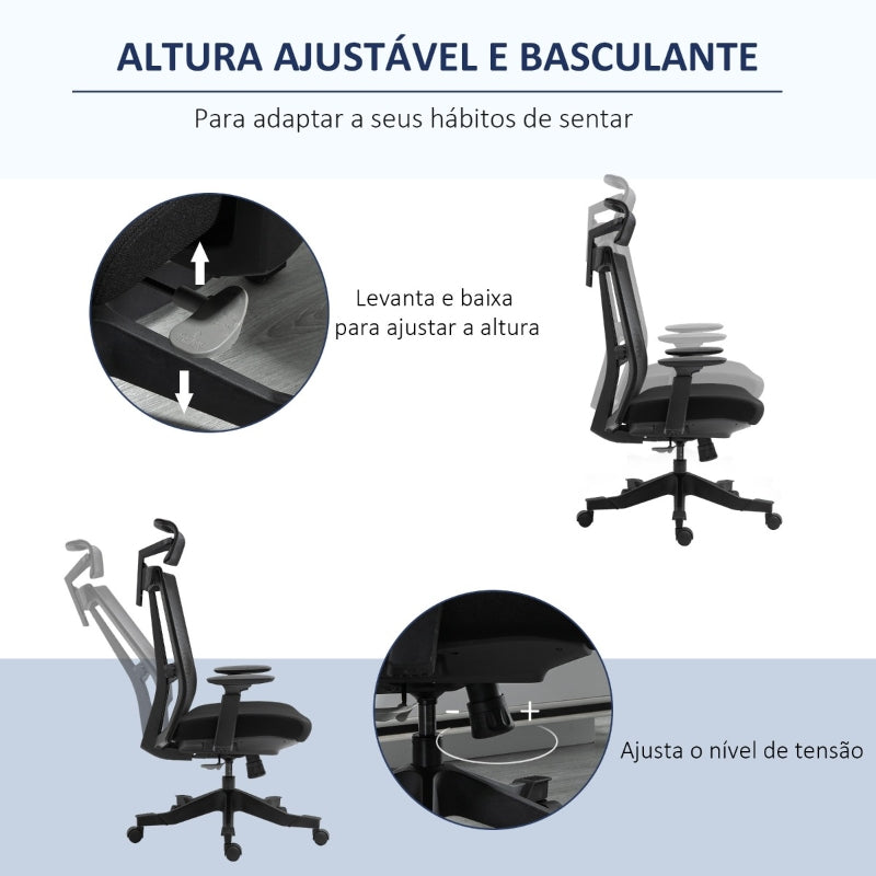 Vinsetto Cadeira de Escritório Ergonômica Giratória e Reclinável com Altura Ajustável Apoio para os Braços Apoio para a Cabeça e Suporte Lombar Regulável 66,5x66x109-118cm Preto