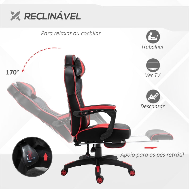 Vinsetto Cadeira de escritorio gaming ergonômica Altura Ajustável reclinável com apoio para pés Vermelho e Preto