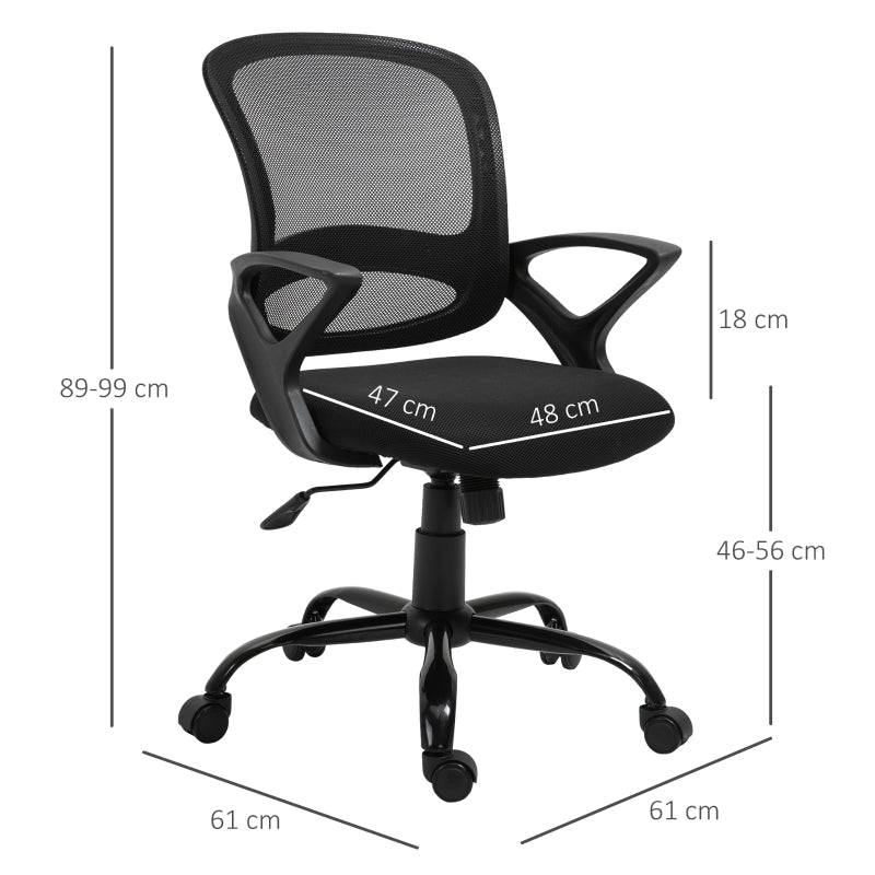 Vinsetto Cadeira de Oficina Ergonômica Basculante com Altura Ajustável Assento Giratório 360° Suporte e Lombar Malha Transpirável 61x61x89-99cm Preto