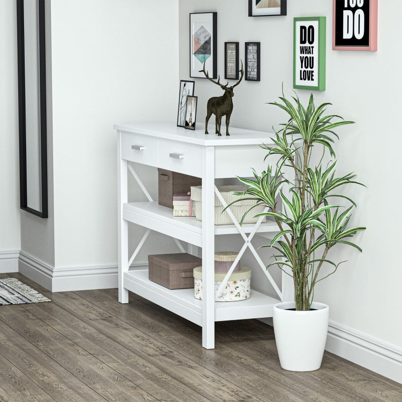 HOMCOM Mesa consola tipo aparador de estilo moderno com 2 gavetas e prateleiras inferiores 105x40x76 cm Branco