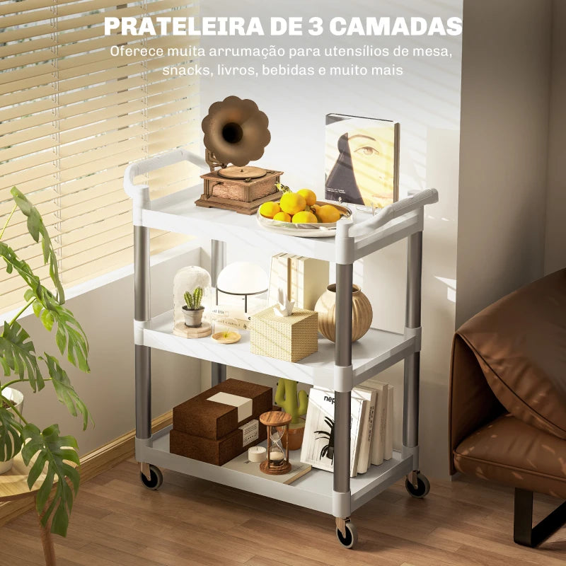 HOMCOM Carrinho Auxiliar com Rodas e 3 Prateleiras Carrinho de Cozinha com Armazenamento Carga 105 kg 88x44x93 cm Branco