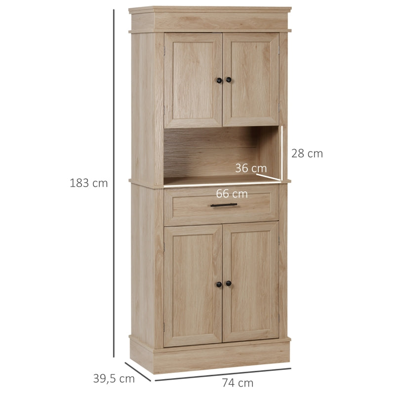 HOMCOM Armário de Cozinha com 4 Portas 1 Gaveta e Prateleira Aberta para Sala de Estar Sala de Jantar 74x39,5x183cm Carvalho