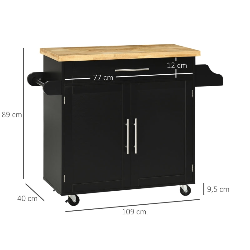 HOMCOM Ilha de Cozinha com Armário Portas e Prateleira Interior Ajustável Gaveta Barra e Suporte para Temperos Móvel Aparador Auxiliar com Rodas para Sala de Jantar 109x40x89cm Preto