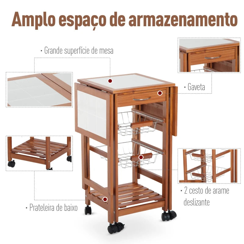 HOMCOM Carrinho de cozinha Serviço Auxiliar de Madeira De metal cromado 6 rodas 91x37x75 cm