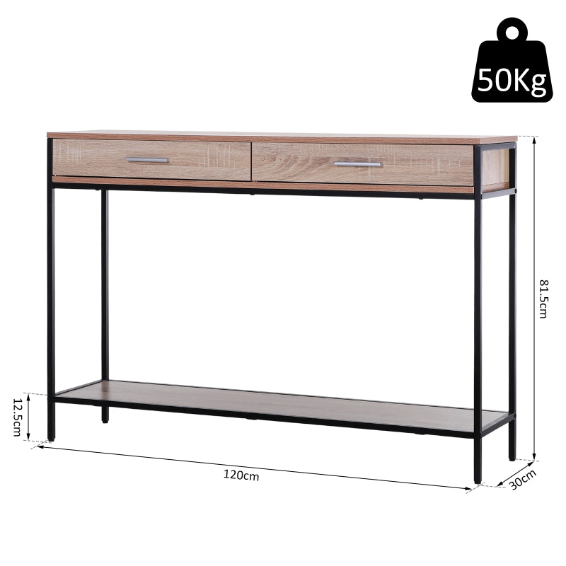 HOMCOM Mesa Tipo Consola de Estilo Industrial com 2 Gavetas e Prateleira Inferior 120x30x81,5cm Carvalho e Preto