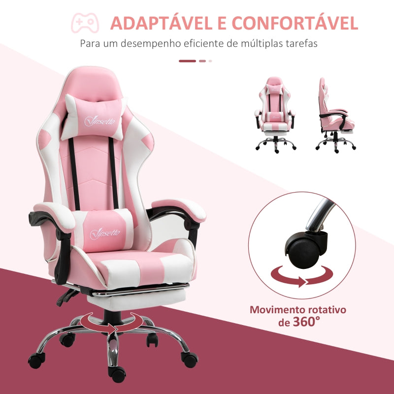 Vinsetto Cadeira de Gaming Reclinável Giratória com Apoio para a Cabeça Apoio para os Pés e Almofada Lombar 64x67x119-127 cm Rosa