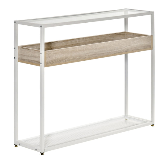 HOMCOM Mesa Consola 108x28x85cm Mesa de Entrada com Bancada de Vidro Temperado Prateleira e Grade Inferior Estrutura de Aço para Corredor Sala de Estar Branco