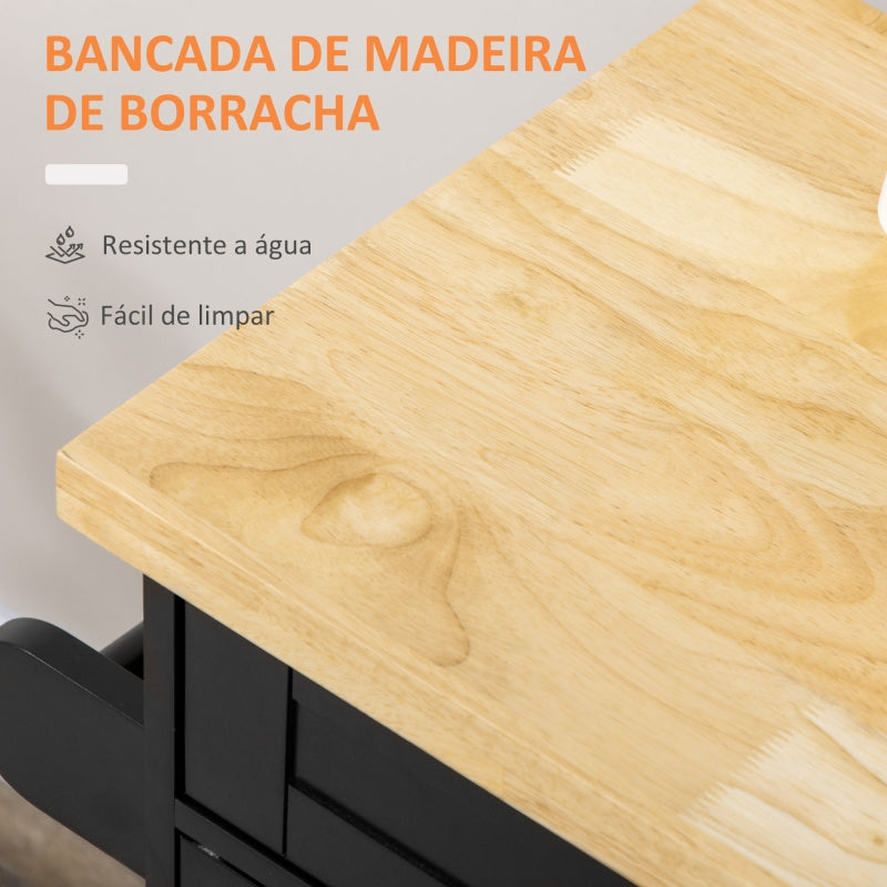 HOMCOM Ilha de Cozinha com Armário Portas e Prateleira Interior Ajustável Gaveta Barra e Suporte para Temperos Móvel Aparador Auxiliar com Rodas para Sala de Jantar 109x40x89cm Preto