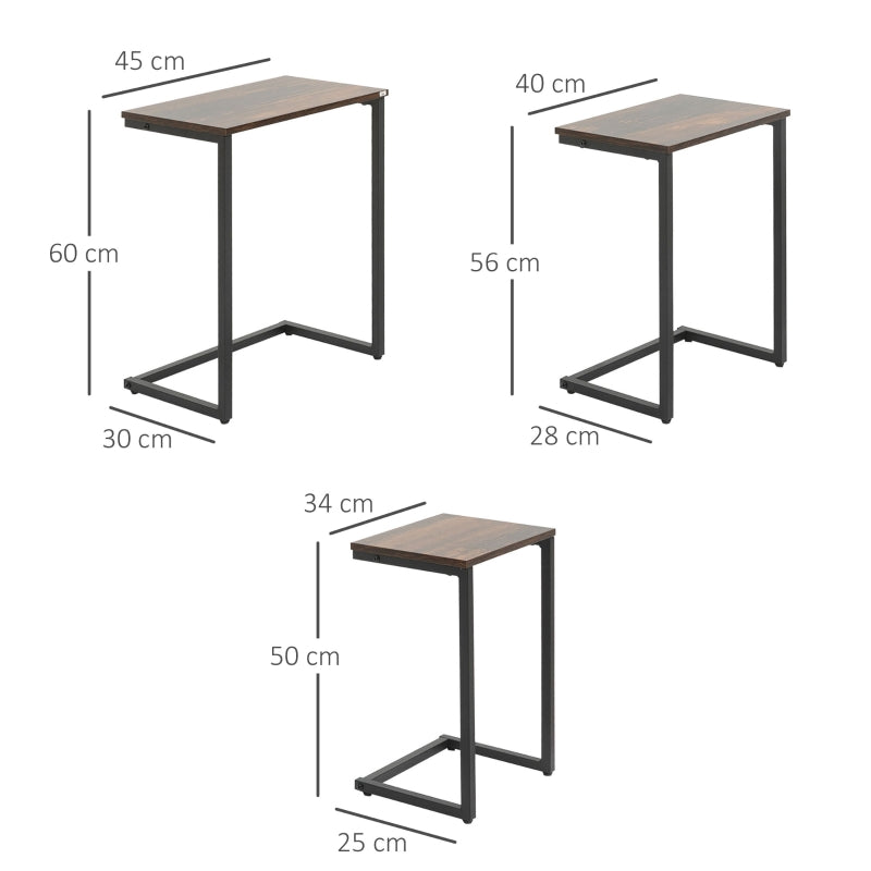 HOMCOM Conjunto de 3 Mesas Auxiliares em Forma de C com Pés de Aço 45x30x60cm 40x28x56cm e 34x25x50cm Marrom Rústico