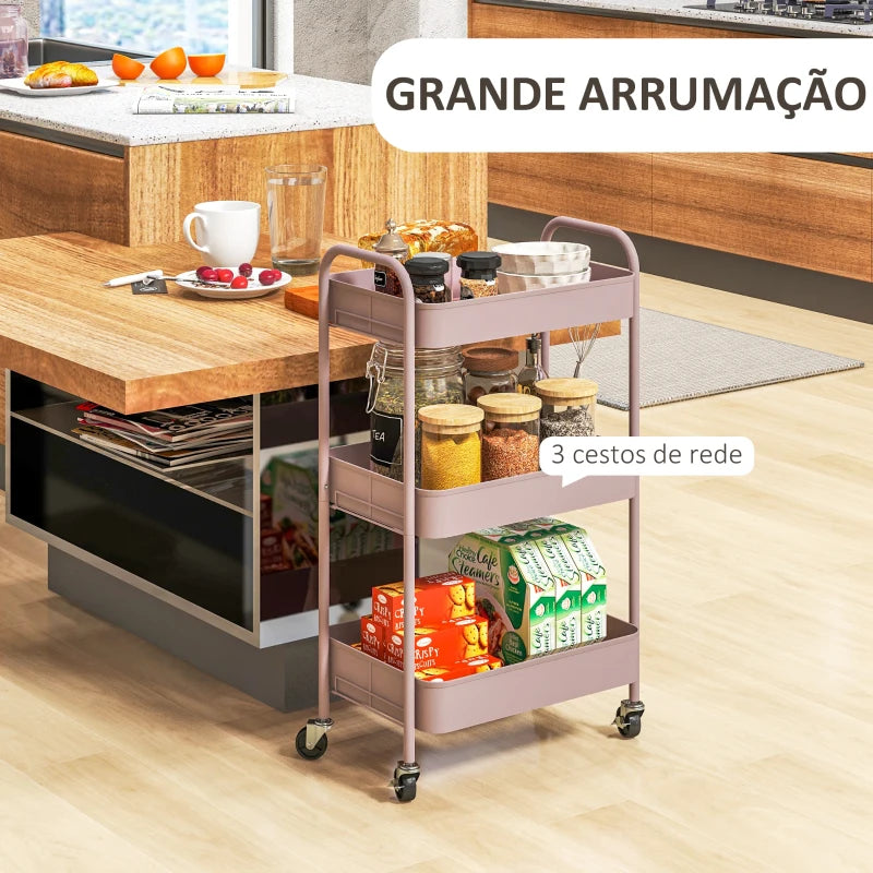 HOMCOM Carrinho Auxiliar de 3 Níveis com Rodas Carrinho de Armazenamento Deslizante para Cozinha Sala 45x30.6x79 cm Rosa