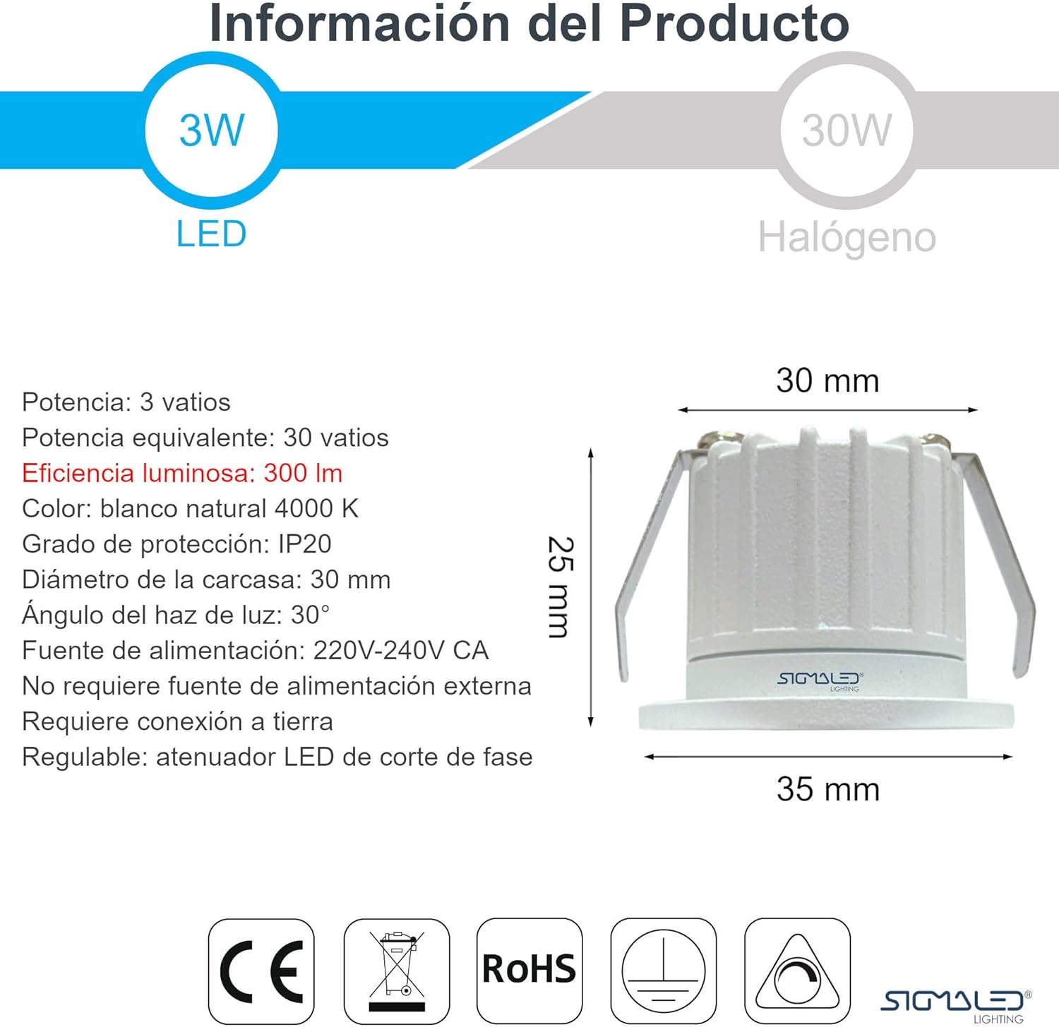 10 FOCOS MINI FOCO LED 3W, Dimmable, 300 lúmen, luz neutra 4000K, Spot de encastrar redondo, 220 V/240 V, Ø 35 x 25 mm