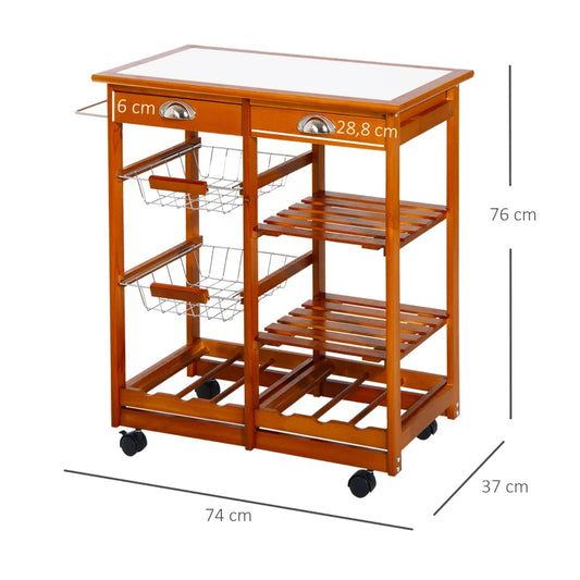 HOMCOM Carrinho de Cozinha Multifuncional Carrinho Auxiliar de Madeira com Grande Espaço de Armazenamento Gavetas Cestas Prateleiras 4 Rodas 74x37x76 cm Madeira