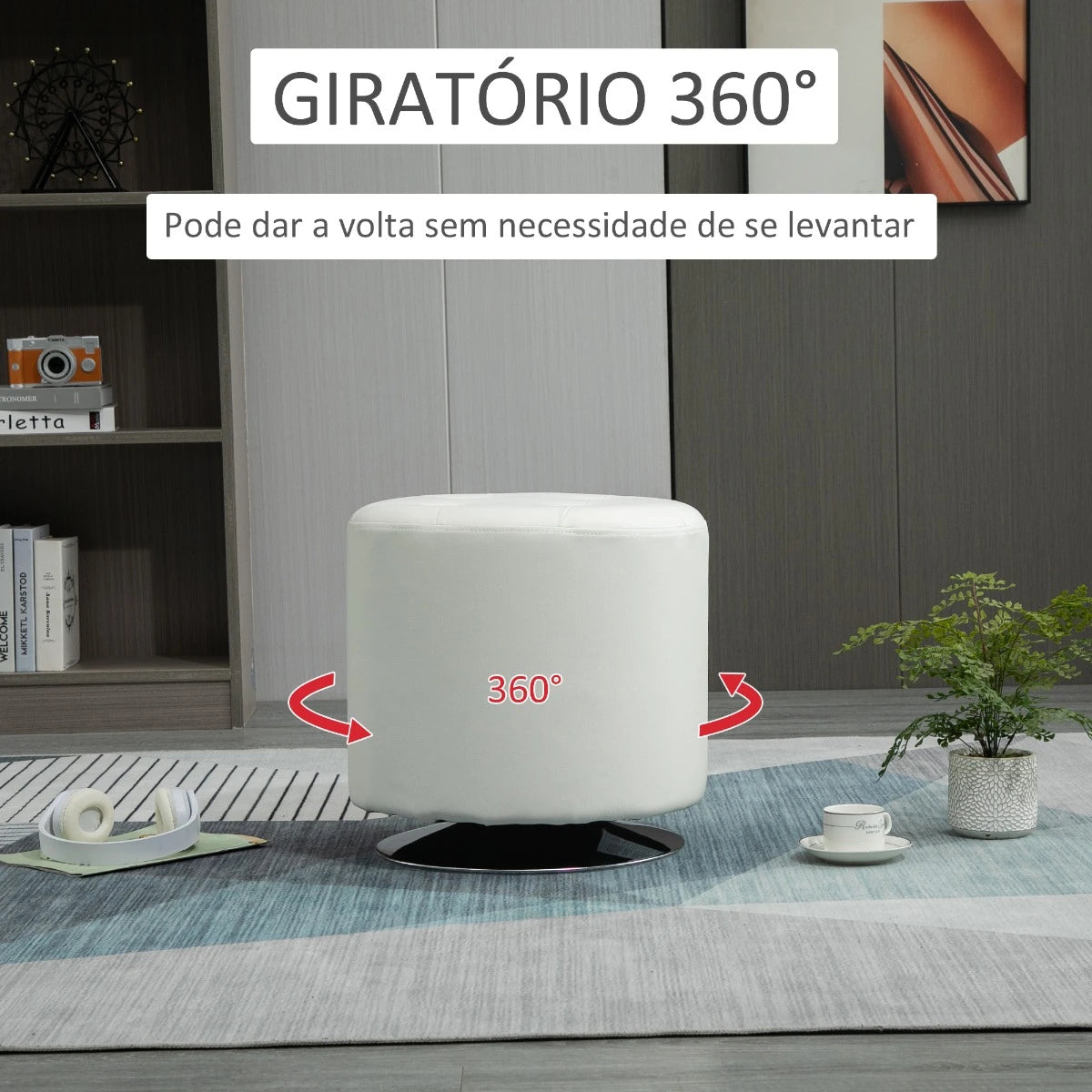 HOMCOM Apoio para os pés Otomano Giratório Banco Puff Redondo Estofado em Couro Sintético de Estilo Moderno para Dormitório Entrada Sala de Estar Ø45,5x44,5cm Branco