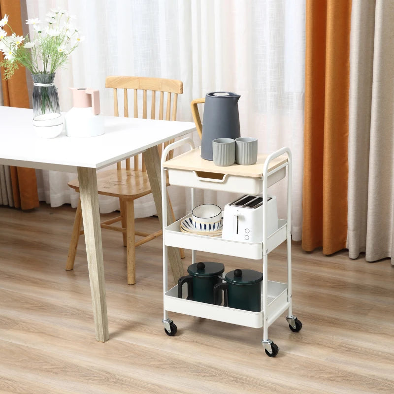 HOMCOM Carrinho de Cozinha com Rodas Carrinho de Armazenamento com Gaveta 2 Prateleiras e Rodas com Freios para Casa de Banho Sala de Estar Dormitório 43,9x30,5x75,6cm Branco e Madeira Natural