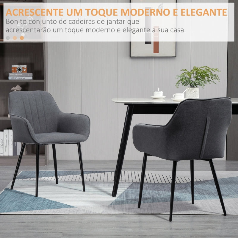 HOMCOM Conjunto de 2 cadeiras de jantar decorativas estofadas em linho com encosto ergonômico, braços e pernas de metal 59,5x56,5x81 cm cinza