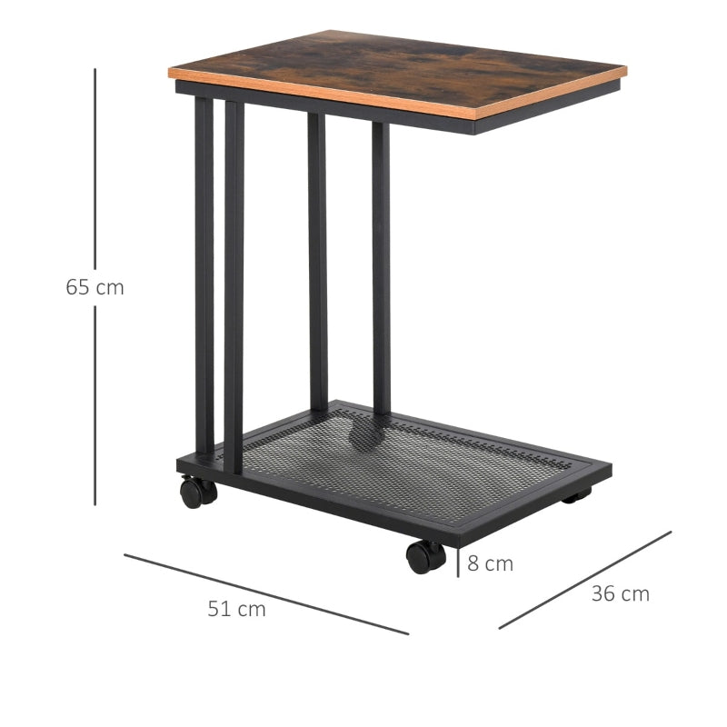 HOMCOM Mesa Lateral mesa Auxiliar com Rodas para Sofá Sala de Estar Dormitório Estilo Industrial Retrô Metal e Madeira 51x36x65cm Madeira e Preto