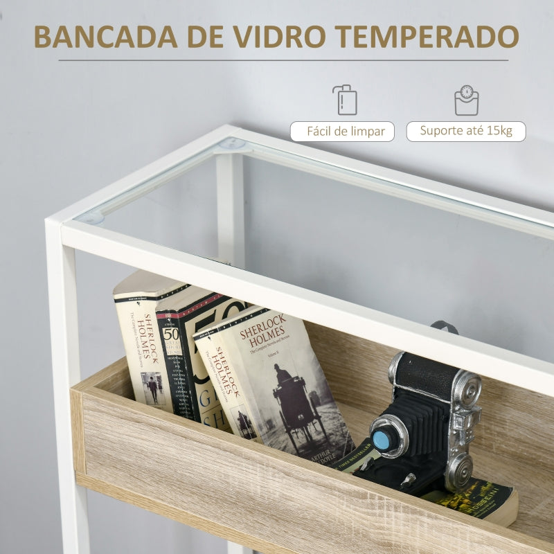 HOMCOM Mesa Consola 108x28x85cm Mesa de Entrada com Bancada de Vidro Temperado Prateleira e Grade Inferior Estrutura de Aço para Corredor Sala de Estar Branco