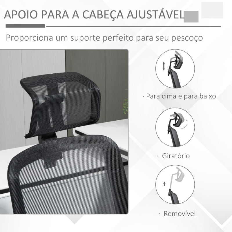 Vinsetto Cadeira de Escritório Ergonômica Giratória com Altura Ajustável Apoio para a Cabeça Suporte Lombar Reguláveis e Encosto Transpirável 63,5x64,5x113-122cm Preto