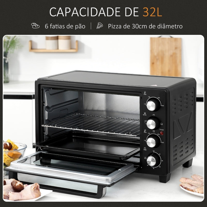 HOMCOM Mini Forno Elétrico de 32L 1600W com 3 Modos de Aquecimento Temperatura até 230 °C Temporizador 52,2x38,1x33,5cm Preto