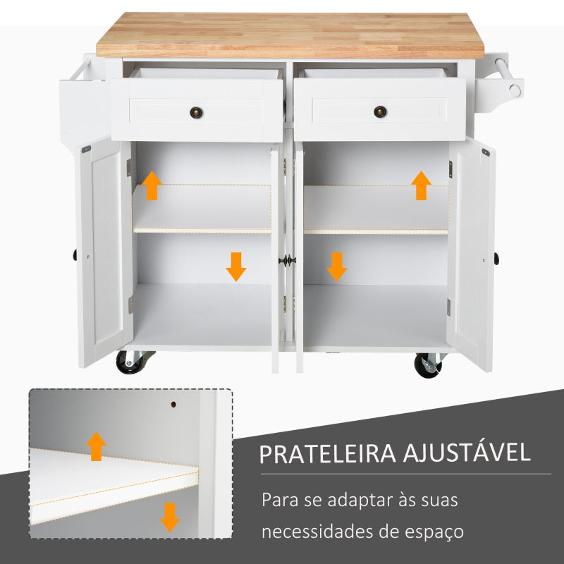 HOMCOM Ilha de Cozinha com Rodas 2 Gavetas 4 Portas Suporte para Temperos e Barra Lateral 111x44,5x82,5cm Branco e Madeira