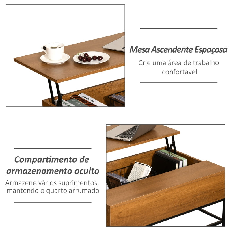 HOMCOM Mesa de Centro Elevável Mesa de Café Versátil com Armazenamento Oculto Pés de Metal para Sala de Estar Sala de Jantar 90x60,5x45,5cm Teca