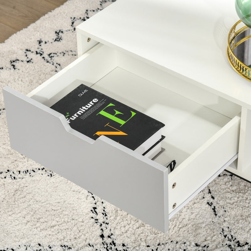 HOMCOM Mesa de Centro para Sala de Estar Mesa de Centro Moderna com Prateleira Aberta Gaveta e Pés Elevados Mesa Auxiliar para Sala de Estar Escritório 106x48x43cm Branco