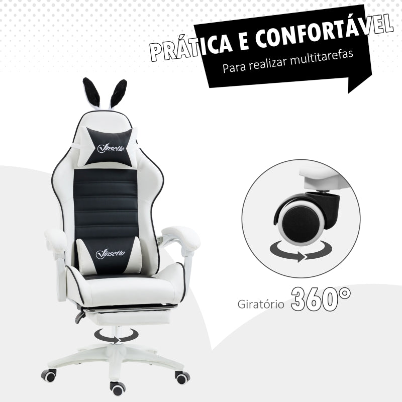 Vinsetto Cadeira Gaming Giratória de Couro PU com Altura Ajustável Inclinável 135° Apoio para a Cabeça 65x63x136-142 cm Branco e Preto